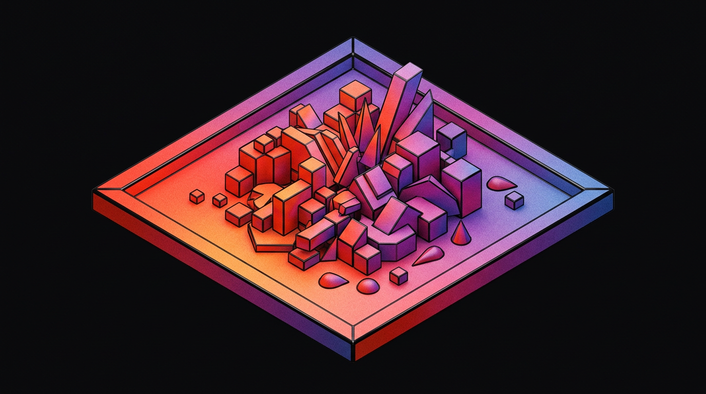 Illustration isométrique d’une assiette carrée en blocs rouge, orange et violet